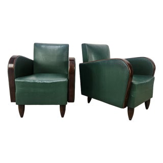 Art Deco Club Chairs in Walnut and Green Eco-Leather, 1940, Set of 2 For Sale
