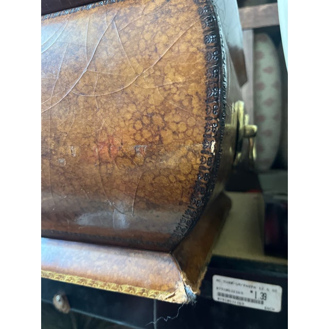 1980s Maitland-Smith Leather Covered Decorative Box on Hand-Forged Iron Stand For Sale - Image 9 of 9