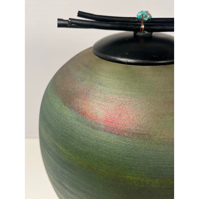 Contemporary Jeremy Diller Raku Pottery Dream Jar W/ Turquoise Lid California Artist Signed For Sale - Image 3 of 9