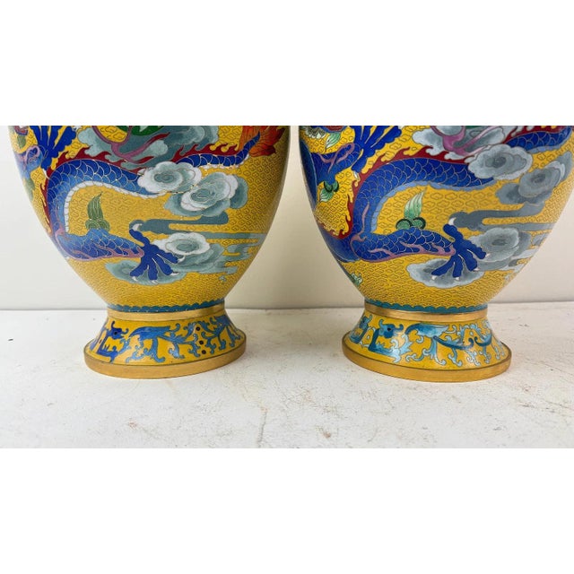Metal Pair Chinese Cloisonne Enamel Yellow Dragon Vases For Sale - Image 7 of 8
