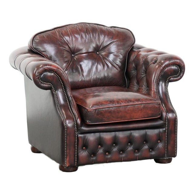 Chesterfield Club Chair in Red Flamed Cowhide Leather For Sale