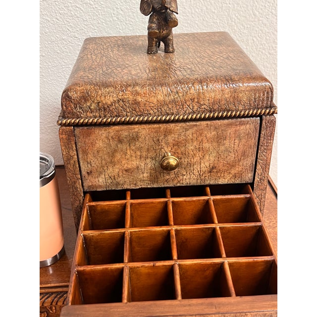 Wood 1980s Maitland-Smith Decorative Box With Crackle-Finish Leather, Brass Feet, and an Elephant Finial. For Sale - Image 7 of 9