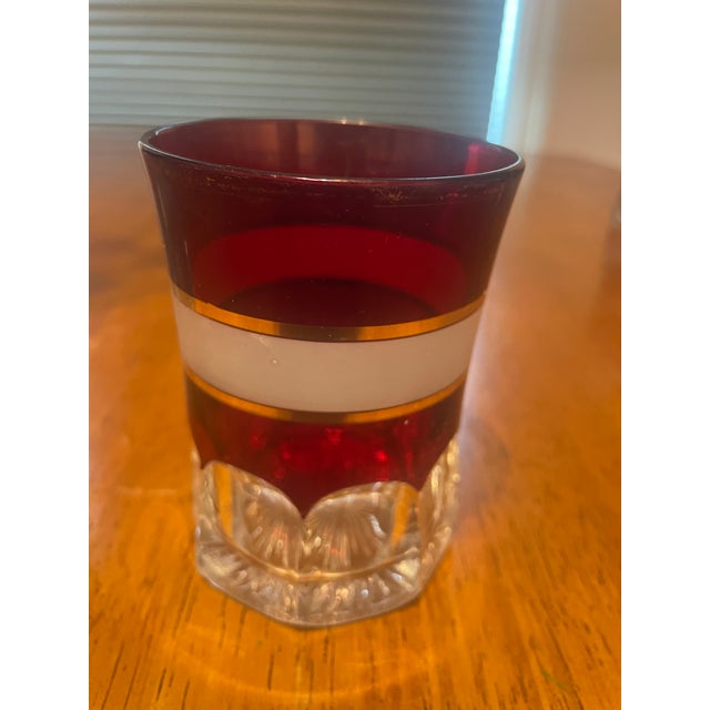 Red Vintage Ruby Red Glass Pitcher & 6 Tumblers Set - White and Gold Banded Barware For Sale - Image 8 of 11