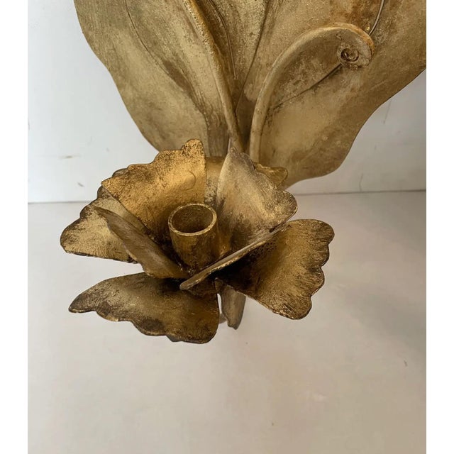 Beautiful vintage Pair of Gilt Iron Sheet Candle Sconces with leaf design. Great indoors or out.