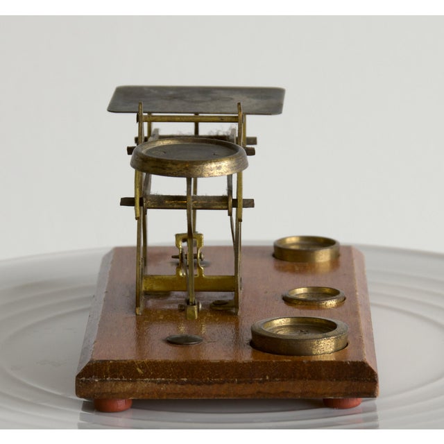 Antique English Brass & Oak Postal Letter Scale With Original Weights, Early 20th Century For Sale - Image 4 of 6