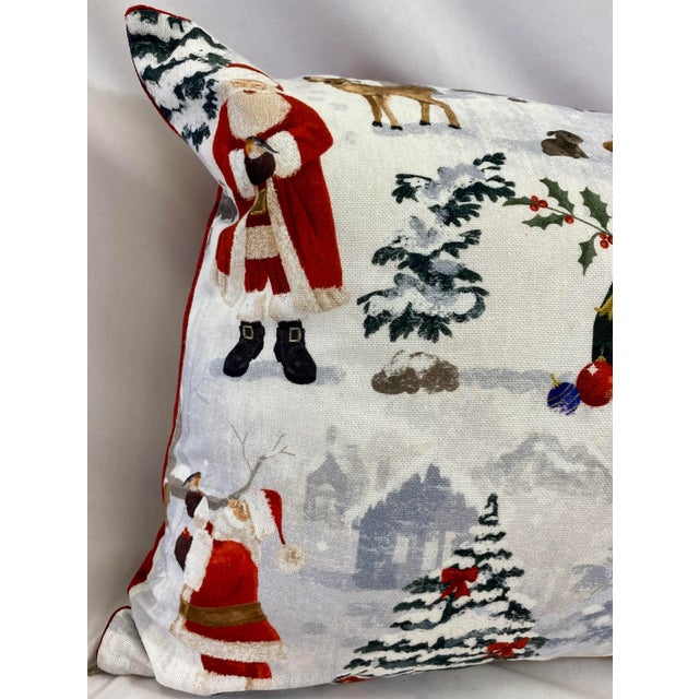 Festive Santa Themed Christmas Bolster Pillow With Vibrant Red Velour-Like Back - Made in U K For Sale In Dallas - Image 6 of 12