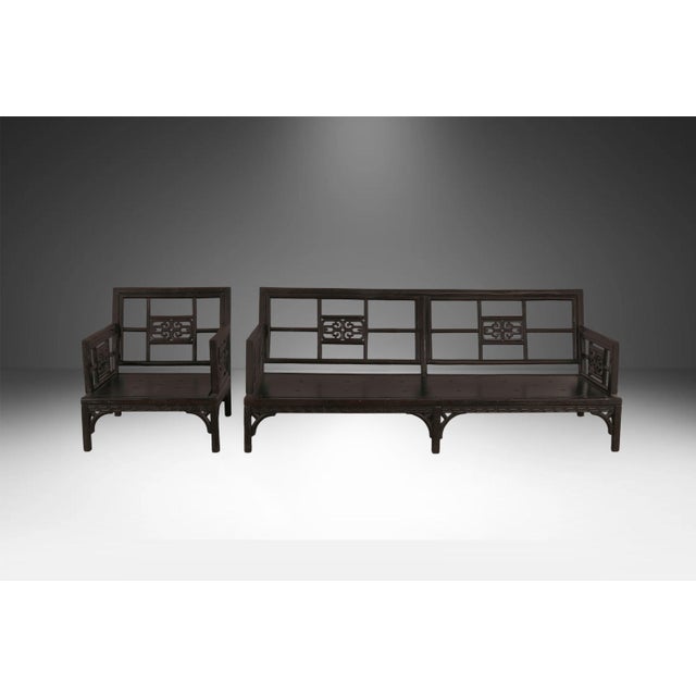 Vintage Chinese Chinoiserie Fretwork Sofa and Armchair Settee 2 Pieces For Sale - Image 4 of 14