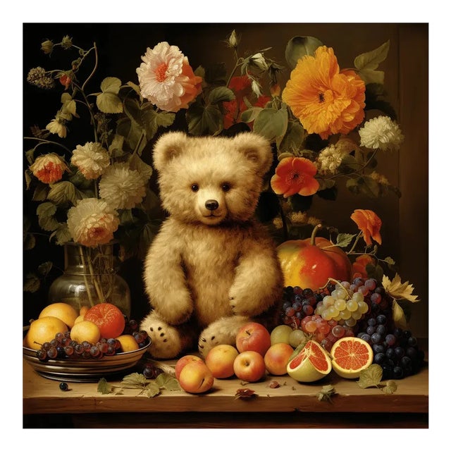 30' X 30' Collector Fine Art Print 'Still Life With Fruits, 'Flowers and Teddy Bear', Unframed For Sale