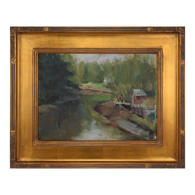 Vintage American Impressionist Landscape Oil Painting With Lake by Harry Barton For Sale