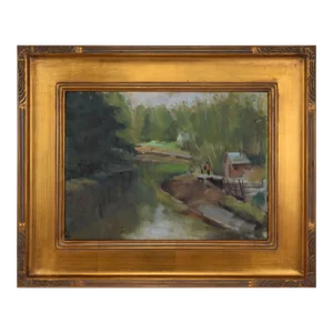 Vintage American Impressionist Landscape Oil Painting With Lake by Harry Barton