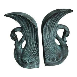 Mid-Century Bronze Verdigris Swan Bookends - a Pair For Sale