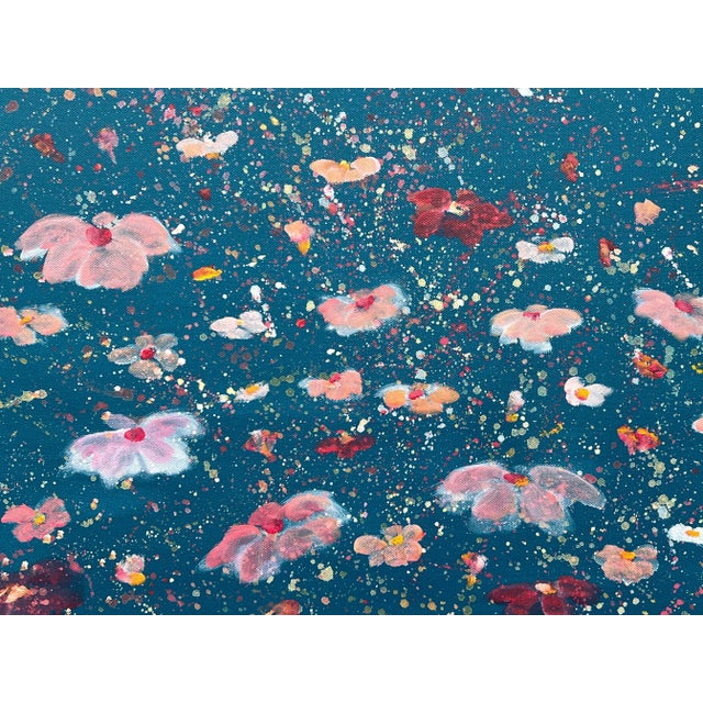 2020s Abstract Landscape Painting With Pink Flowers on a Deep Blue Turquoise Background - Unique Original Art by Contemporary British Artist, 2023 For Sale - Image 5 of 12