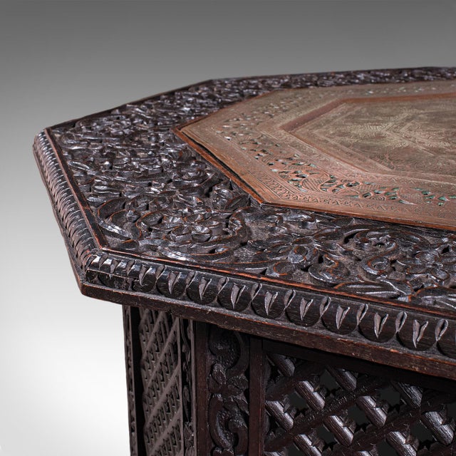 Brown Antique Veranda Tea Table, Indian, Copper Inset, Benares, Occasional, Victorian For Sale - Image 8 of 12