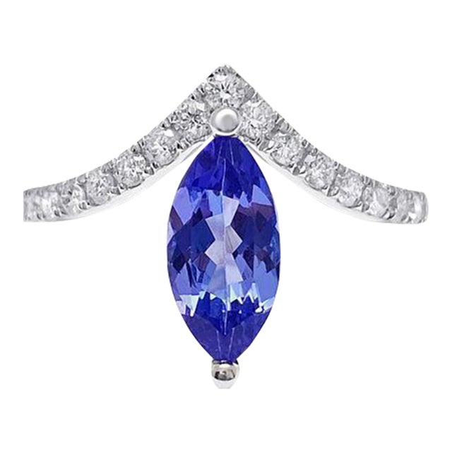 Marquise Cut Tanzanite Curved Ring in 18k White Gold, Size 5.5 For Sale