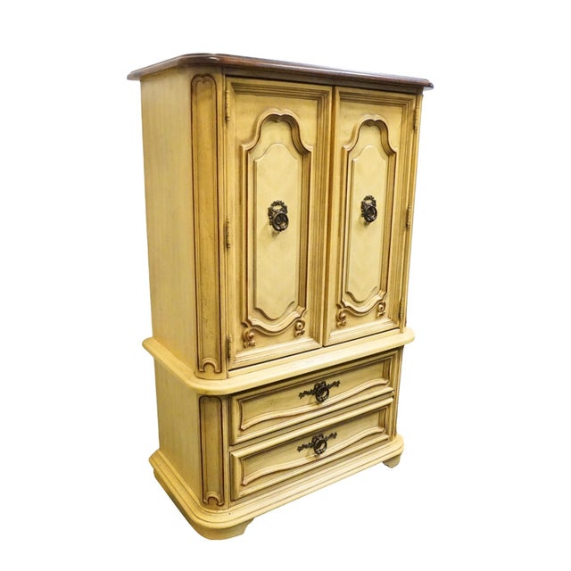 Mediterranean Stanley Furniture Solid Pecan Antiqued Yellow Cream Painted Mediterranean 39" Door Chest 4723-42 For Sale - Image 3 of 14