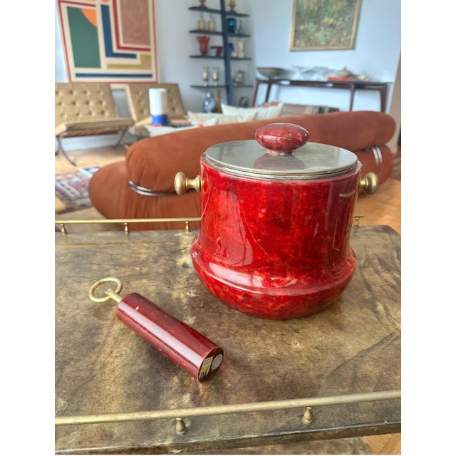 1960's Aldo Tura Italian Lacquered Goatskin Serving Bar Cart With Red Ice Bucket and Bottle Opener. Signed For Sale - Image 10 of 12