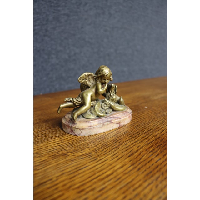 French 19th Century French Bronze Cherub With Dog on Marble Base, Circa 1860 For Sale - Image 3 of 10