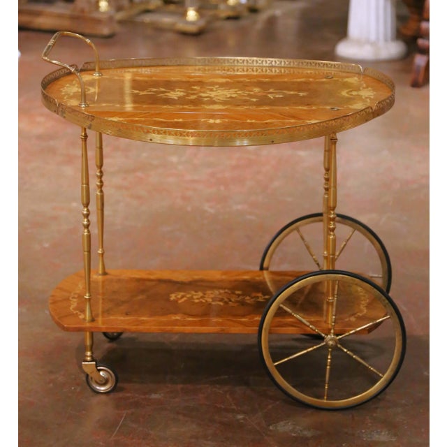 Italian Mid-Century Italian Marquetry Bar Cart With Drop Leaves and Gilt Brass Gallery For Sale - Image 3 of 8