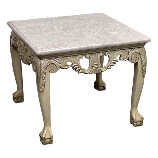Schnadig Fine Furniture French Provincial Carved Wood + Marble Side Table For Sale
