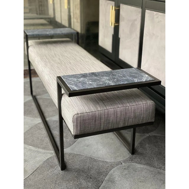 Metal Industrial Style Eros Bench in Blackened Steel, Marble Tray & Jasper Fabric by Casa Botelho For Sale - Image 7 of 11