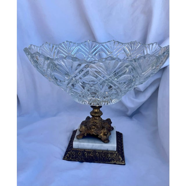 19th Century Hollywood Regency Crystal Bowl Marble Bronze Pedestal Compote For Sale - Image 10 of 13