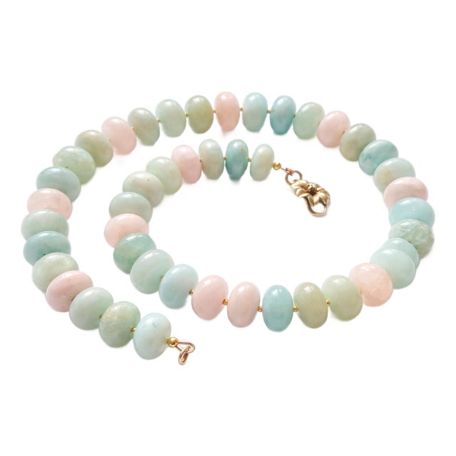 Beryl Aquamarine Morganite Beaded Necklace, Gold Plate Clasp, 19" For Sale