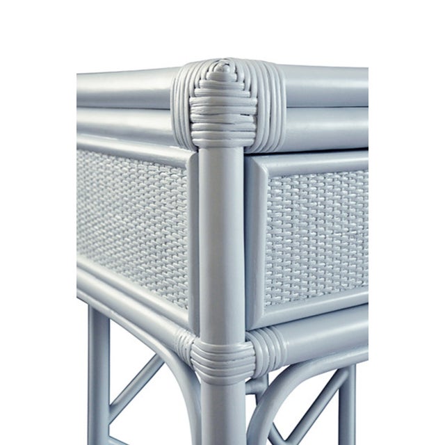 2020s Matthew Izzo Home Gideon Light Blue Two Drawer Console Table With Decorative Rattan Back and Brass Hardware For Sale - Image 5 of 8