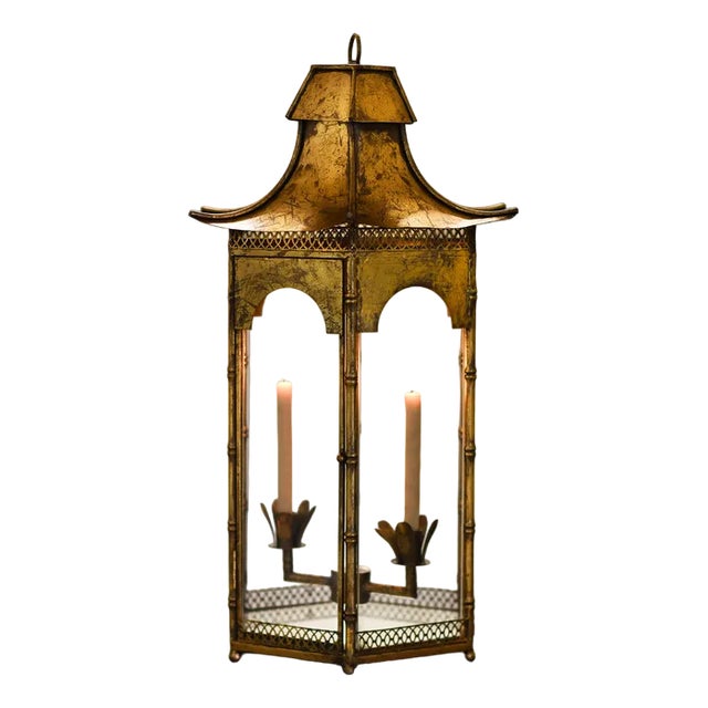 Large French Lantern in Golden Metal, 1970s For Sale