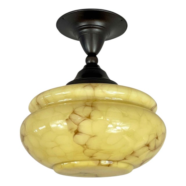 Art Deco Flush Mount in Marbled Opaline Glass and Burnished Brass, Germany, 1920s For Sale