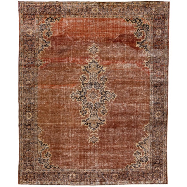 Metal Persian Handmade Antique Tabriz Medallion Wool Rug With Copper Color Field For Sale - Image 7 of 7