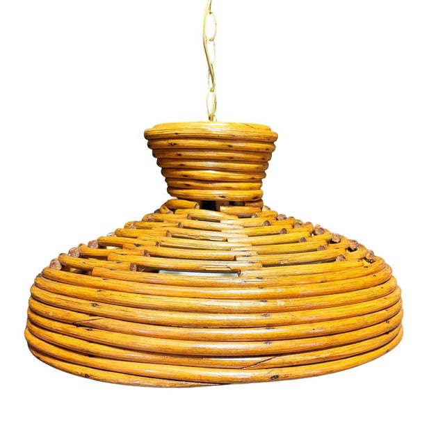 Beautifully restored Mid-century rattan hanging ceiling lamp pendant reminiscent of the style made famous by Paul Frankl....
