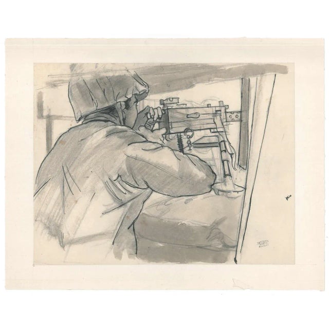 Soldier is an original drawing in pen and watercolor on brownish paper, realized by Jacques Hirtz With the stamp of...
