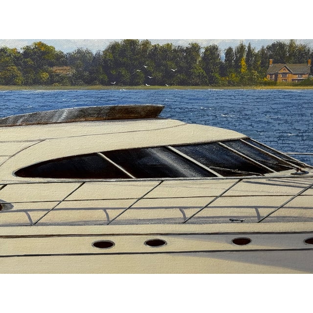 British Nautical Oil Painting Windermere Lake District Ascendancy — Fairline Squadron 50 Yacht Under Cumbrian Skies Signed Edward Hersey Gilt Framed For Sale - Image 14 of 18