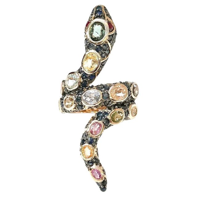 Bochic “Orient” Ruby & Fancy Sapphires Serpent Cocktail Ring Set 18K & Silver, Size 4.5 For Sale