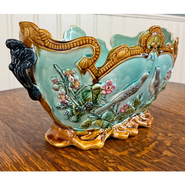 STUNNING ~~Antique French Onnaing Majolica Cache Pot, Planter, Jardiniere, Flower Pot, Bowl or Vase with Floral and Love...