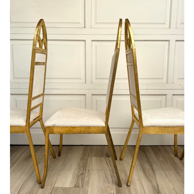 Set of 4 Hollywood Regency Gothic Revival Gilt Dining Chairs in Ivory Bouclé For Sale - Image 10 of 12