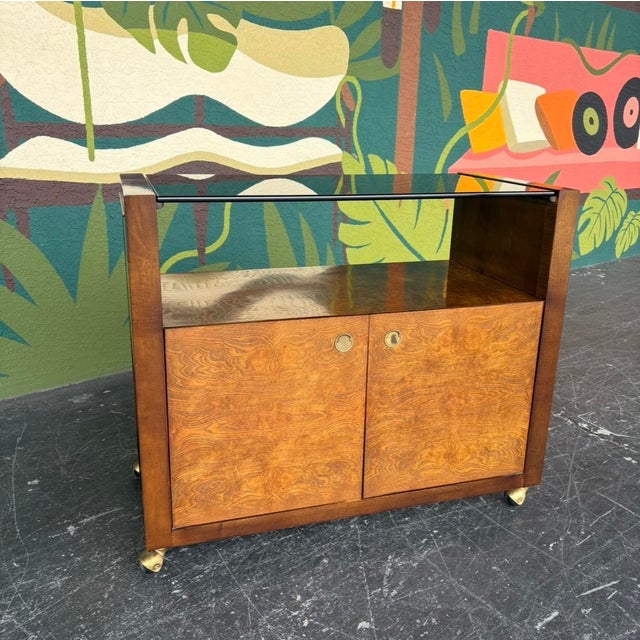 Late 20th Century Century Burl & Smoked Glass Rolling Bar For Sale - Image 5 of 14