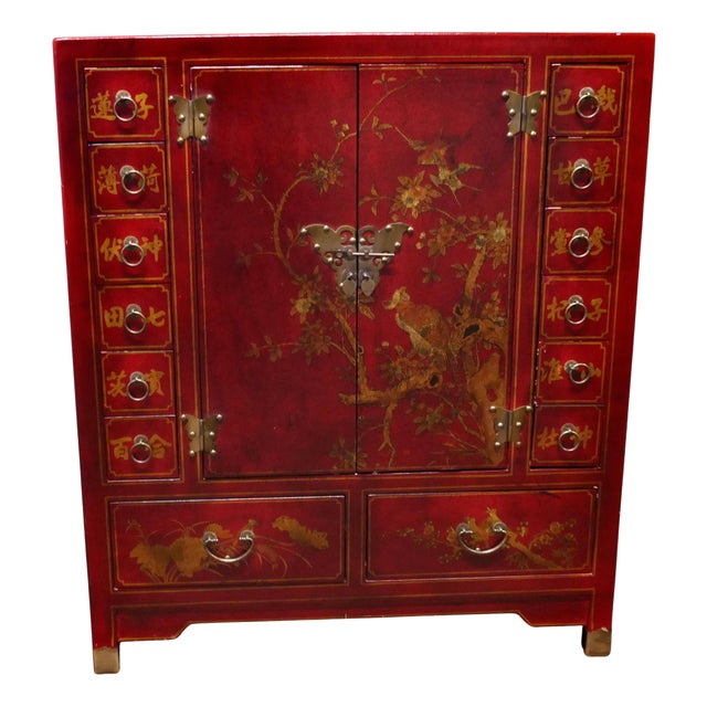 Red Lacquer Apothecary Cabinet with Drawers, 1960 For Sale