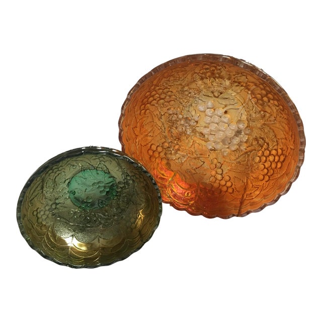 Imperial Glass Iridescent Marigold & Green Bowls - a Pair For Sale