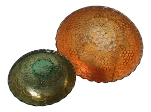 Imperial Glass Iridescent Marigold & Green Bowls - a Pair
