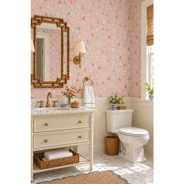 Chinoiserie Mahjong Tile Grasscloth Wallpaper by House Party | Coral Crack | 6 Yards For Sale - Image 3 of 10