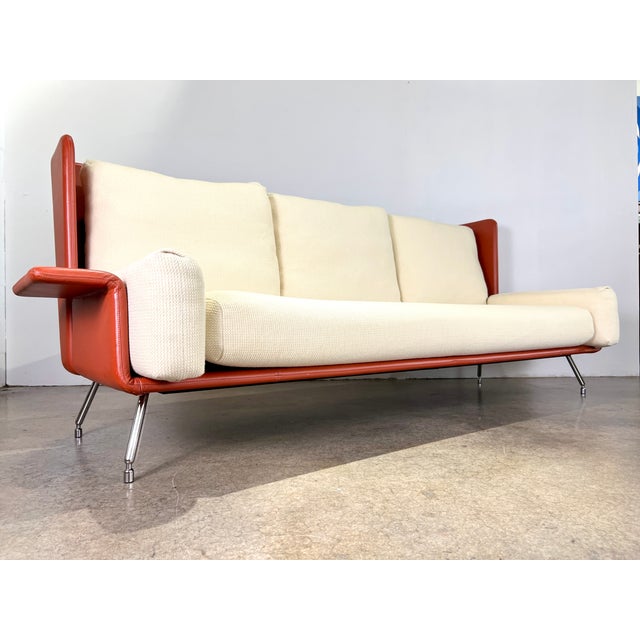 Knoll Knoll Studios Orange Leather and Cream Tweed Sofa by Pierre Beucler & Jean Christophe Poggioli For Sale - Image 4 of 15