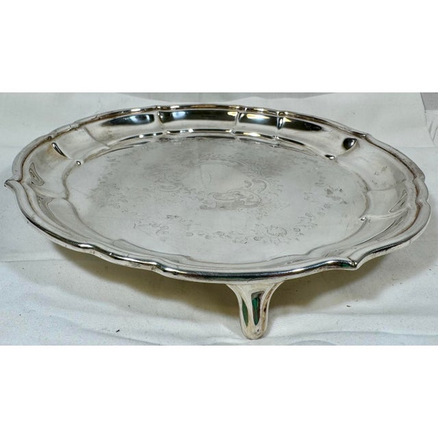 Antique Edwardian Scalloped Edge Silver Plate Serving Tray With 3 Feet From England - Circa 1910 For Sale - Image 12 of 12