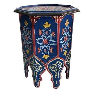 Hand-Painted Moroccan Octagonal Side Table - Cobalt & Crimson For Sale