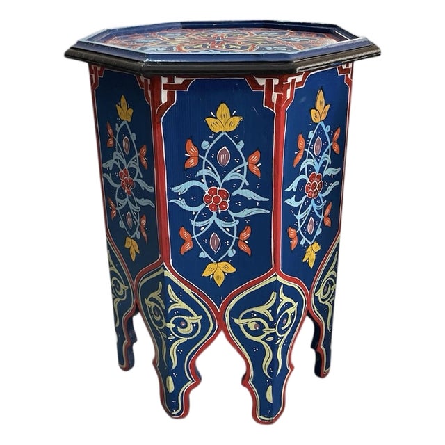 Hand-Painted Moroccan Octagonal Side Table - Cobalt & Crimson For Sale