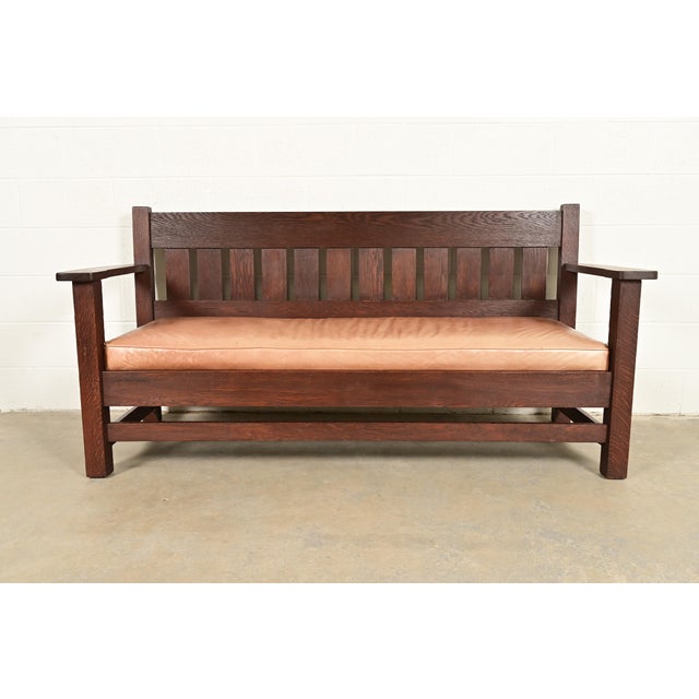 Stickley Brothers Style Antique Mission Oak Arts & Crafts Open Arm Settle Sofa, Circa 1910 For Sale - Image 14 of 14