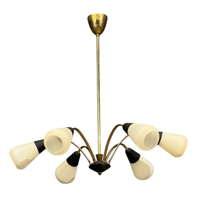 1960s Sputnik Style, Chandelier, Brass, Enameled Metal, Glass For Sale