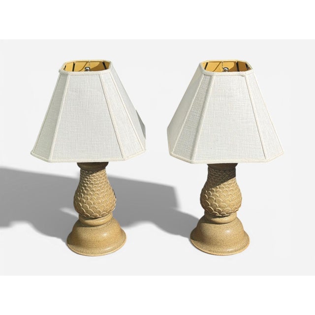 Kaisa Essén, Swedish Mid-Century Modern, Table Lamps, Beige Stoneware, Sweden, 1980s Pair of modernist stoneware table...