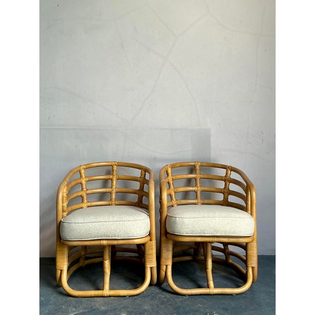 Wood Vintage Boho Bent Rattan Lounge Chairs - A Pair For Sale - Image 7 of 8