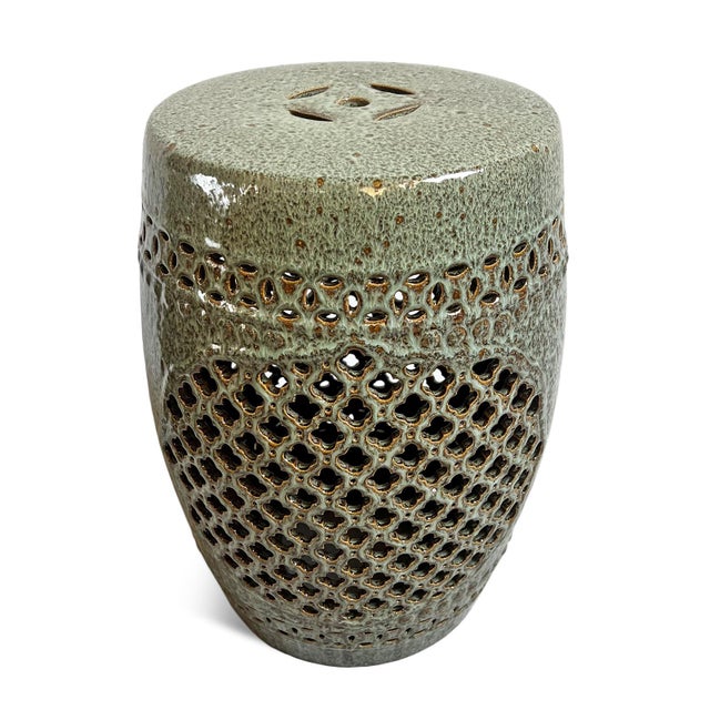 Asian Ceramic Medallion Green Garden Stool For Sale - Image 3 of 9